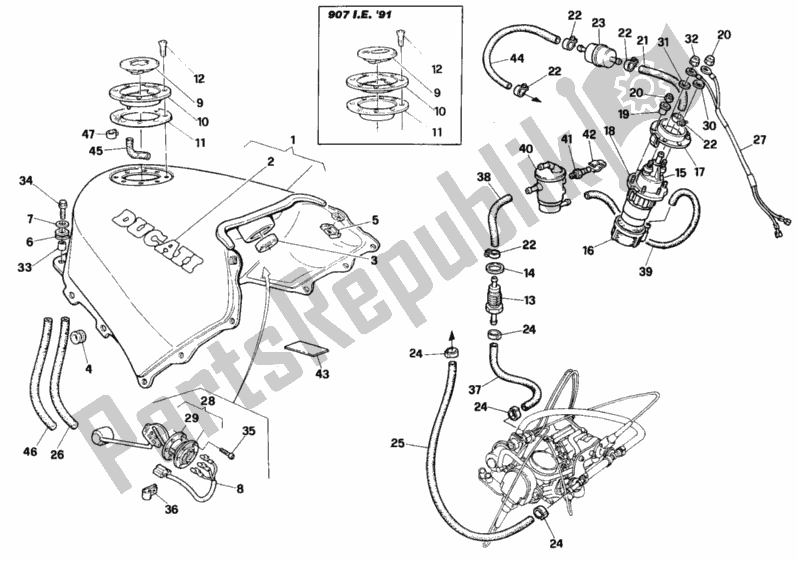 All parts for the Fuel Tank of the Ducati Paso 907 I. E. USA 1991